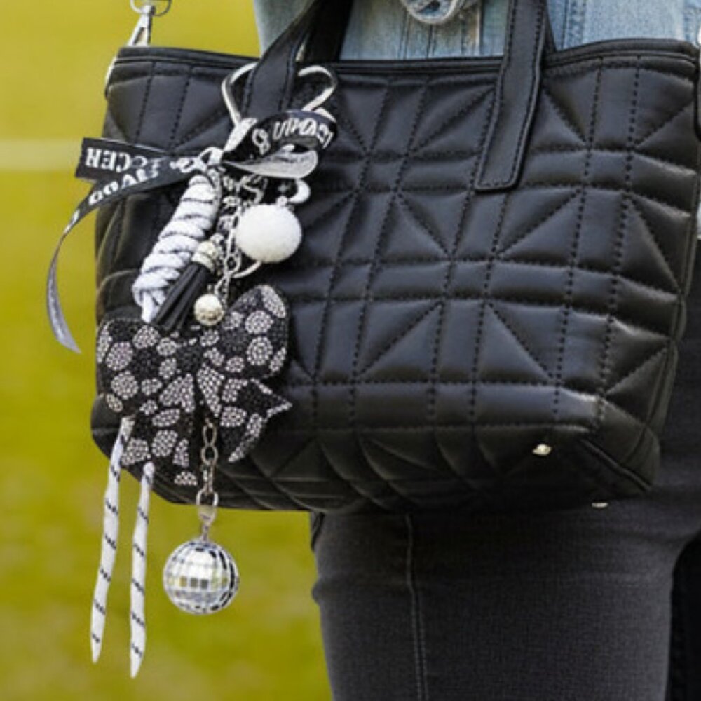 Rhinestone Bow Bag Charm Black White Soccer Ribbon Keychain Trendy